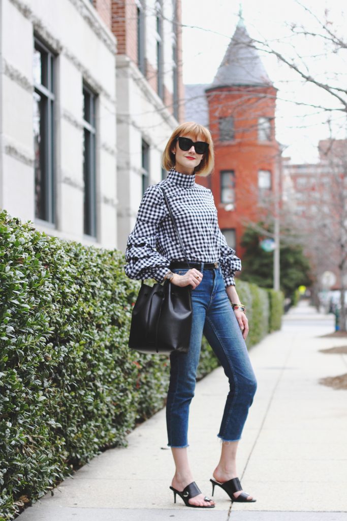 gingham top, cropped jeans, and Zara sandals