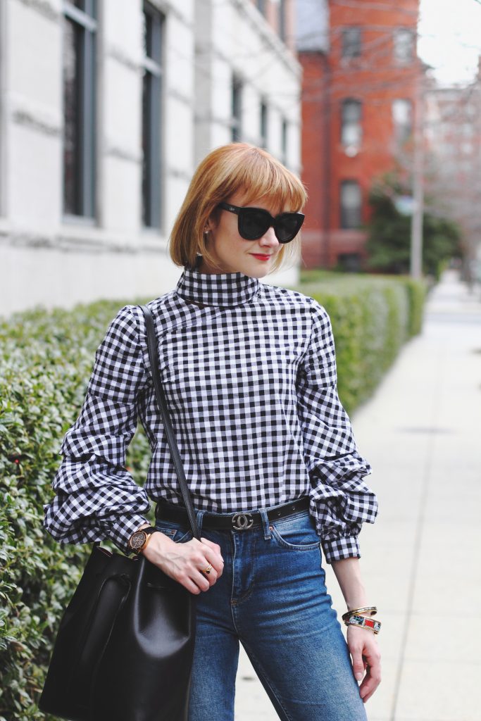 gingham top, cropped jeans, and Zara sandals