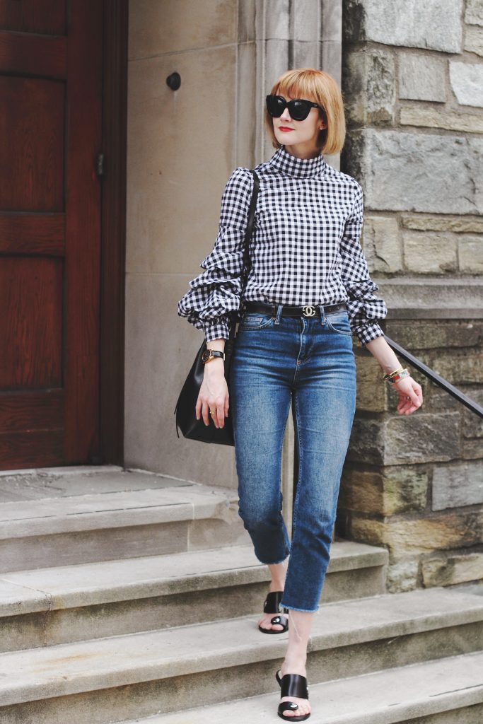 gingham top, cropped jeans, and Zara sandals