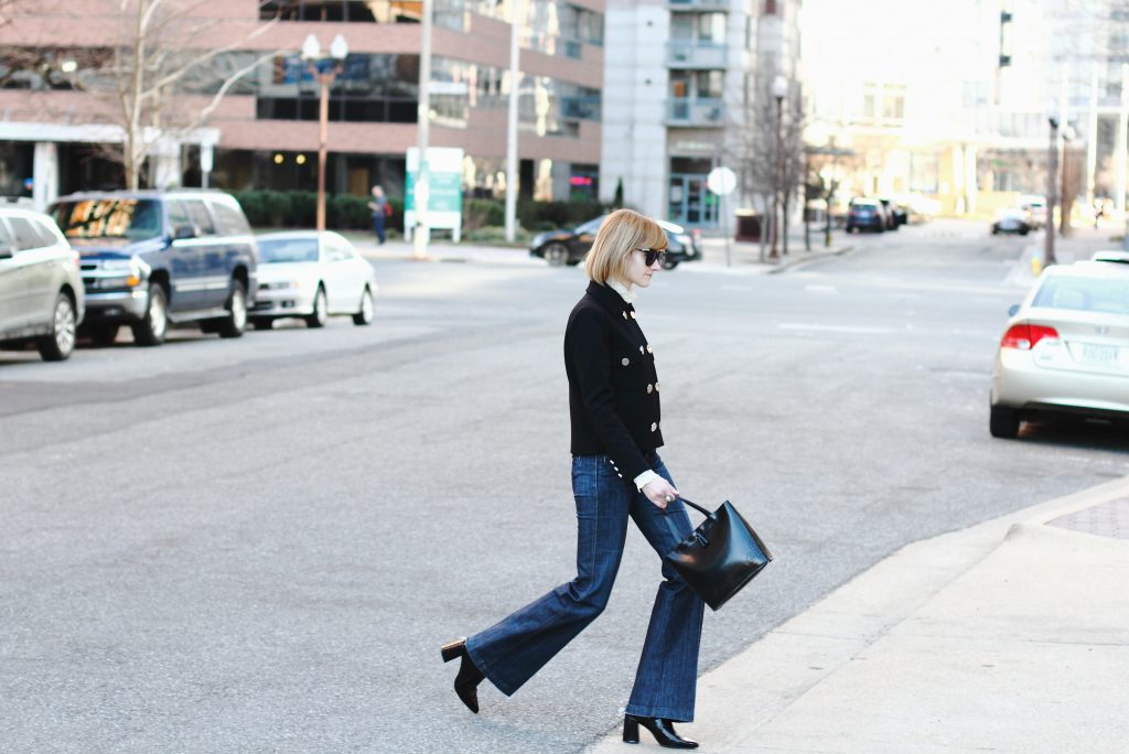 Gucci jacket, 7 For All Mankind jeans, and patent boots