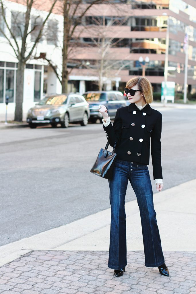 Gucci jacket, 7 For All Mankind jeans, and patent boots