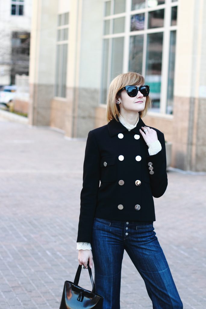 Gucci jacket and ruffled blouse