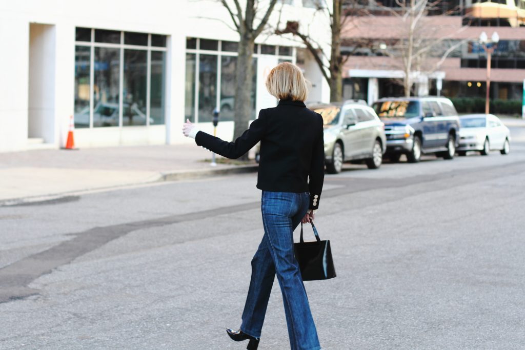 Gucci jacket, 7 For All Mankind jeans, and patent boots