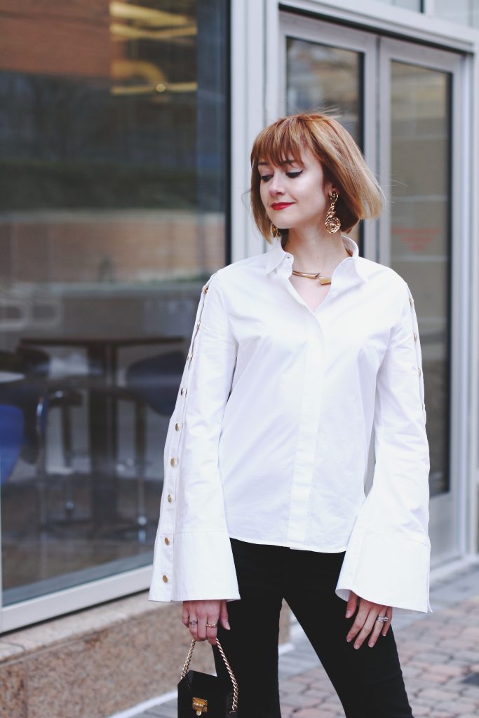 flare sleeve button-down, cropped denim, vintage mini bag