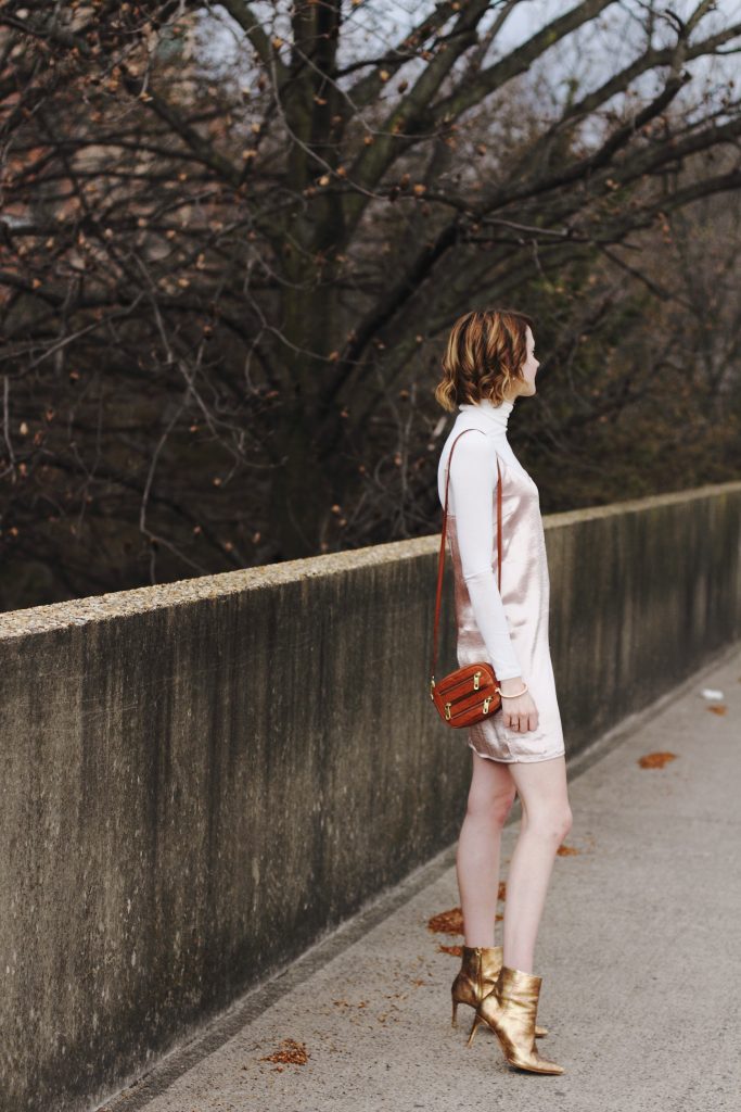 Reformation turtleneck, Genuine People slip dress and gold ankle boots