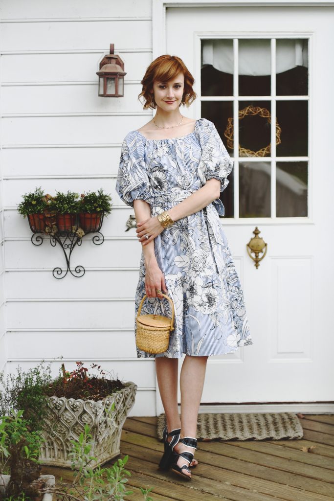 Zara dress, Tabitha Simmons sandals, and basket bag