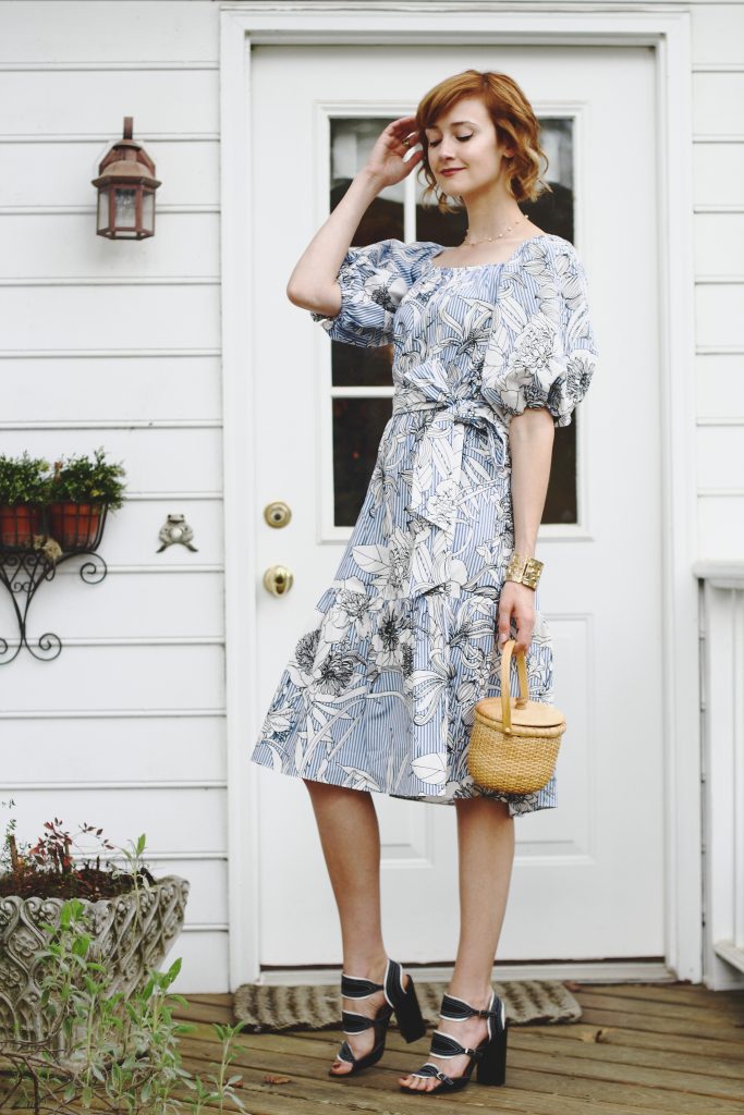 Zara dress, Tabitha Simmons sandals, and basket bag