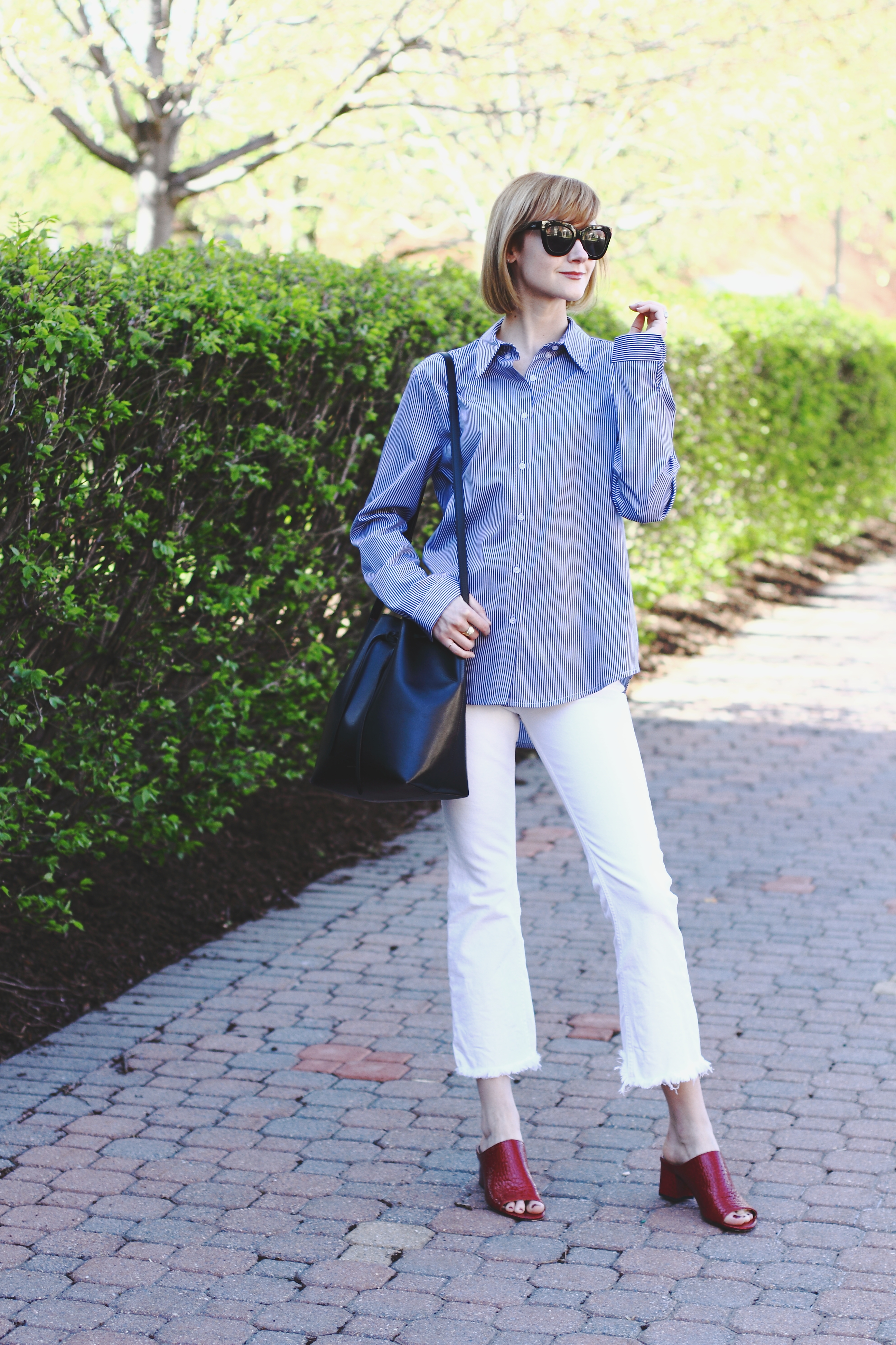 striped button-down, H&M white denim and Donald J Pliner mules