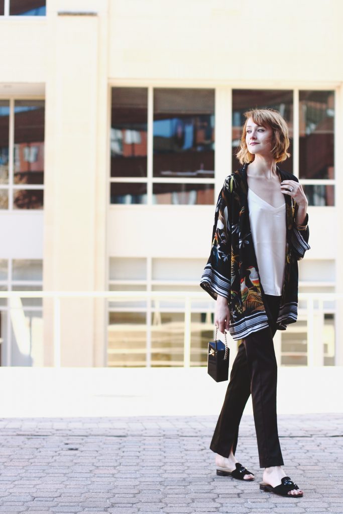 kimono jacket, satin pants and Donald J. Pliner slides