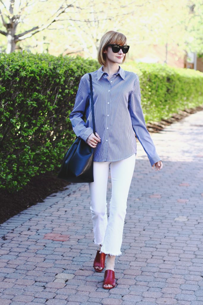 striped button-down, H&M white denim and Donald J Pliner mules