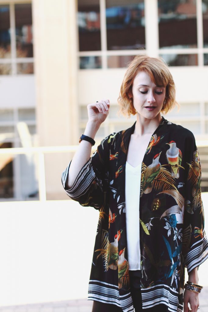 kimono jacket, satin pants and Donald J. Pliner slides