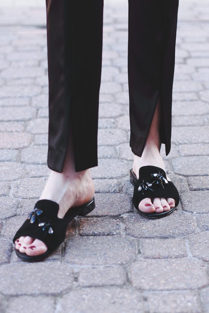 satin slit pants and Donald J. Pliner slides