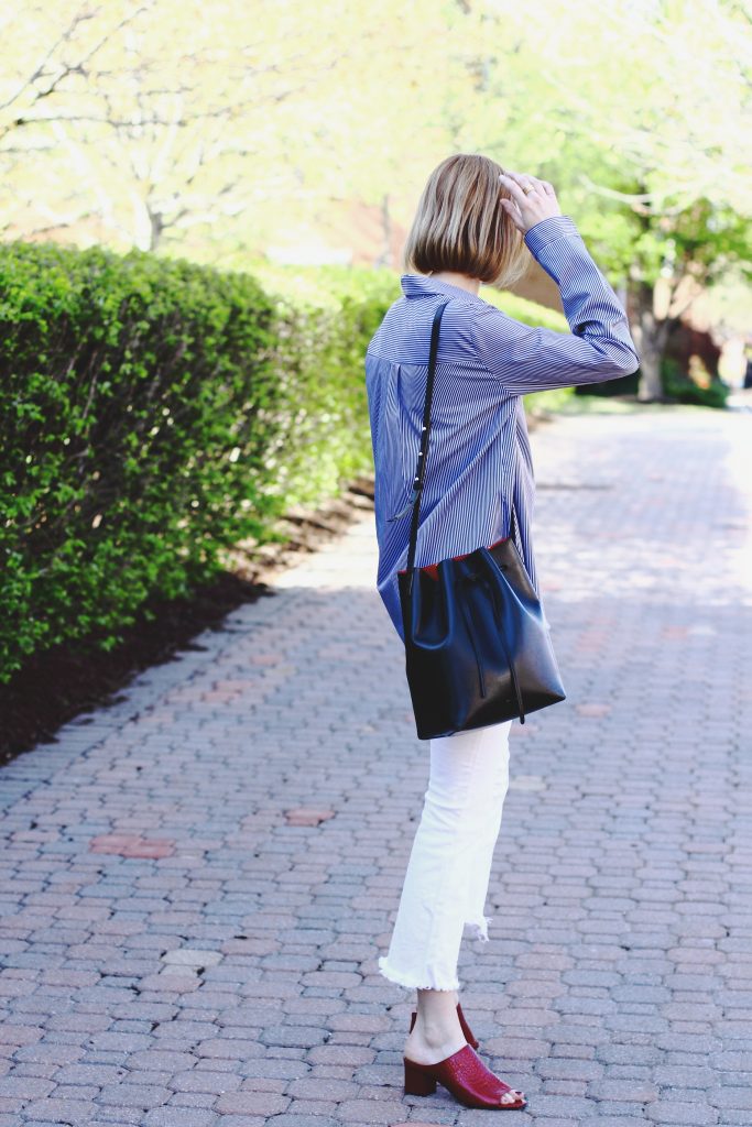 striped button-down, H&M white denim and Donald J Pliner mules