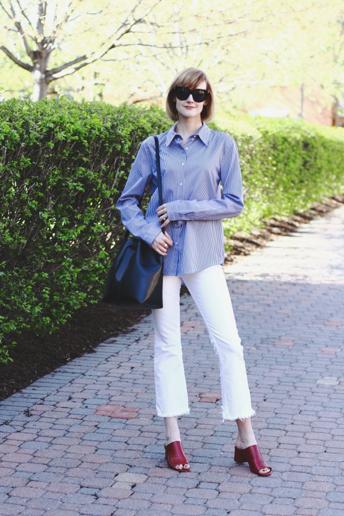 striped button-down, H&M white denim and Donald J Pliner mules