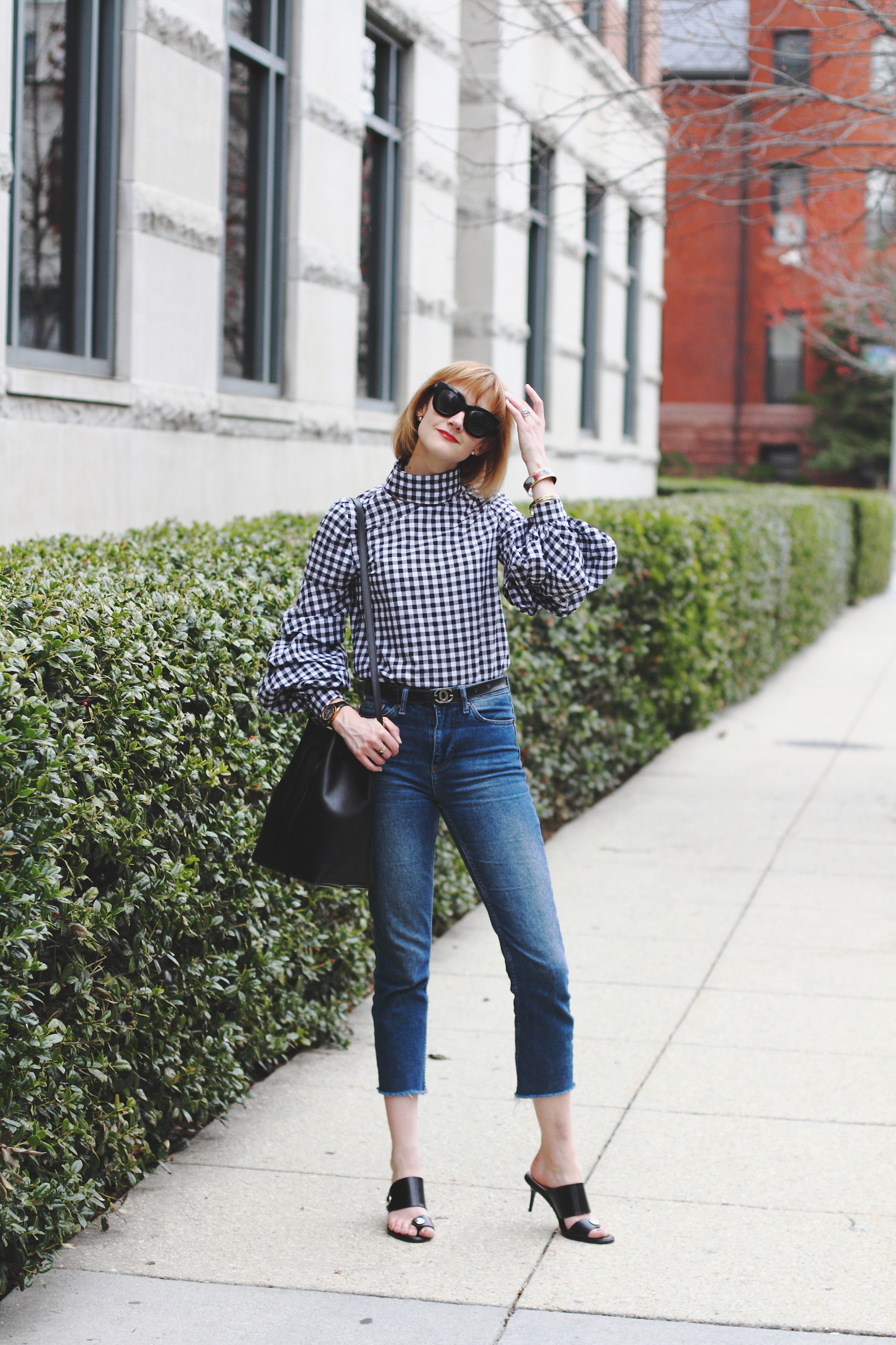 gingham top, cropped jeans, and Zara sandals