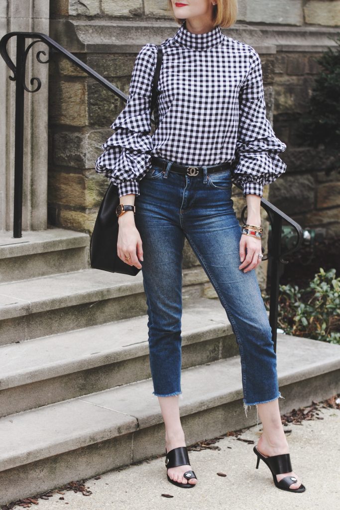 gingham top, cropped jeans, and Zara sandals