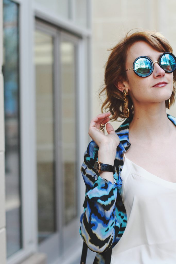 round frame sunglasses, Tucker shirtdress, and Mango cami