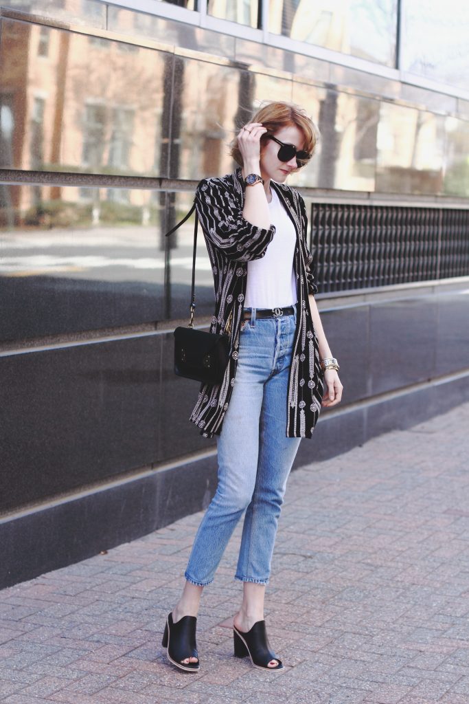 vintage kimono, Gucci belt, Re/Done jeans, Sol Sana mules