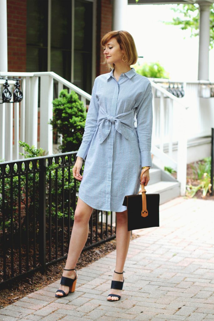 Mango shirt dress, Tabitha Simmons sandals, and Saddleback Leather clutch