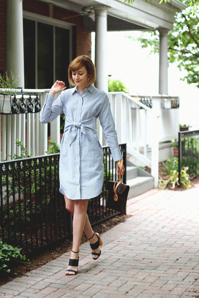 Mango shirt dress, Tabitha Simmons sandals, and Saddleback Leather clutch