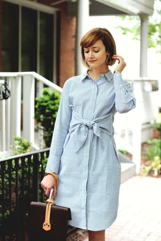 Mango earrings, shirt dress, and Saddleback Leather bag