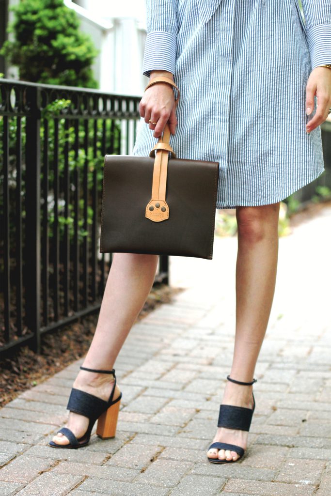 Mango shirt dress, Tabitha Simmons sandals, and Saddleback Leather clutch