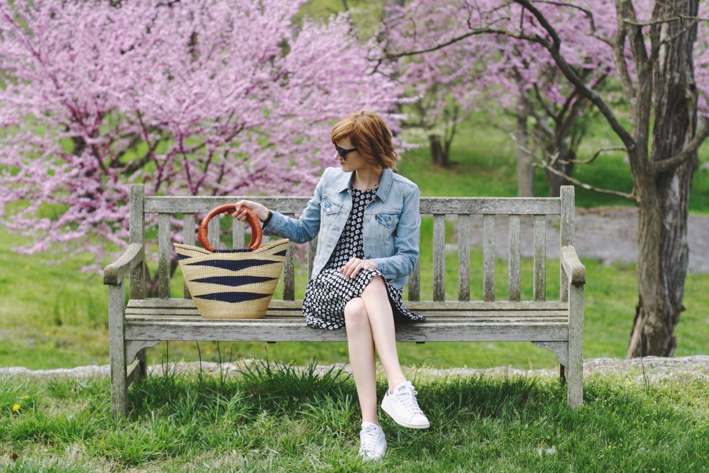 Levi's jean jacket, Mango dress, Stan Smiths and basket bag