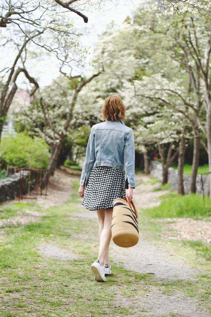 Levi's jean jacket, Mango dress, Stan Smiths and basket bag