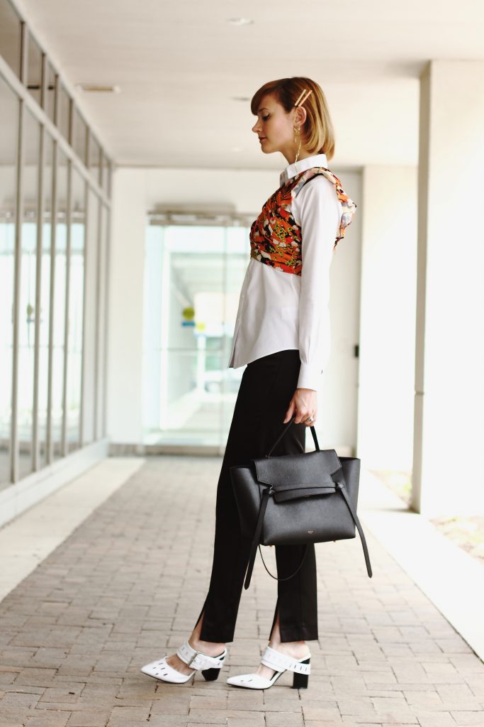 Mango bustier top, button-down, and satin slit pants