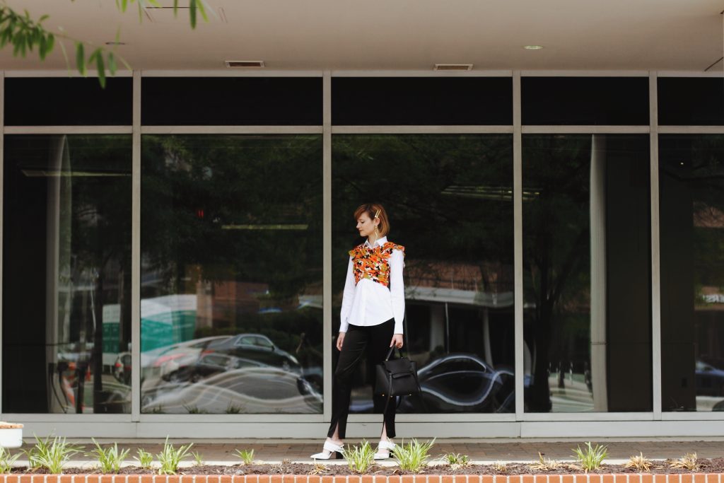 Mango bustier top, button-down, and satin slit pants