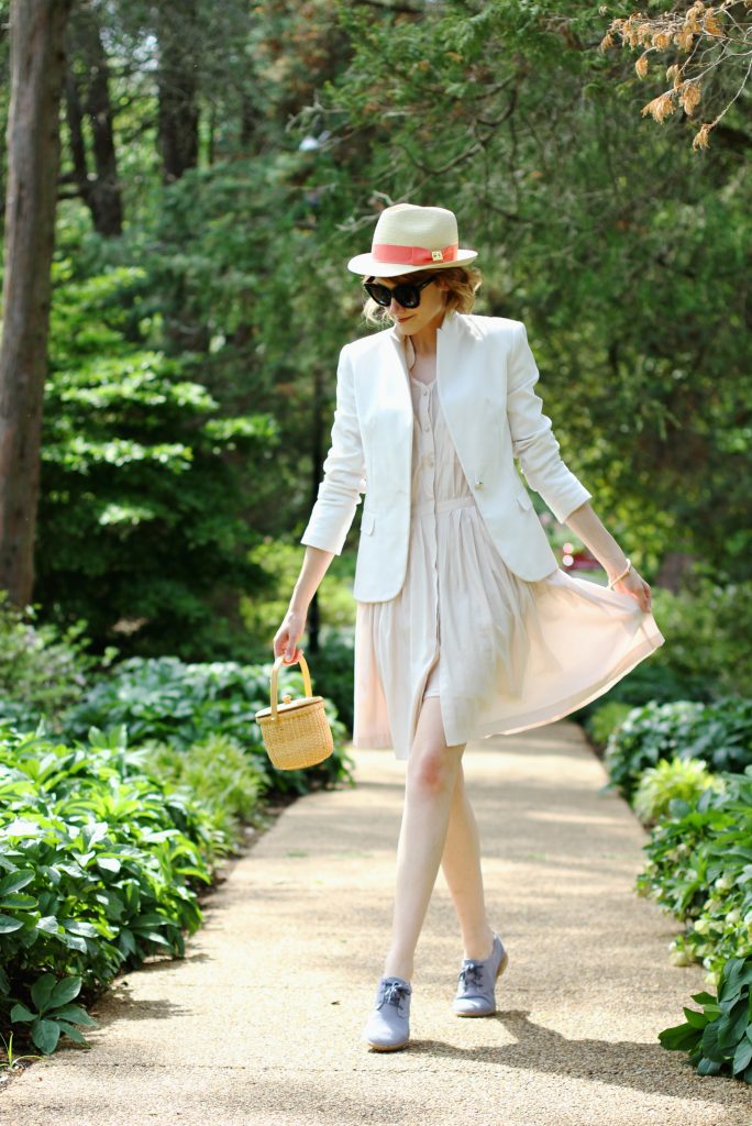 straw fedora, Zara blazer, Anthropologie shirt dress, and Hush Puppies oxfords