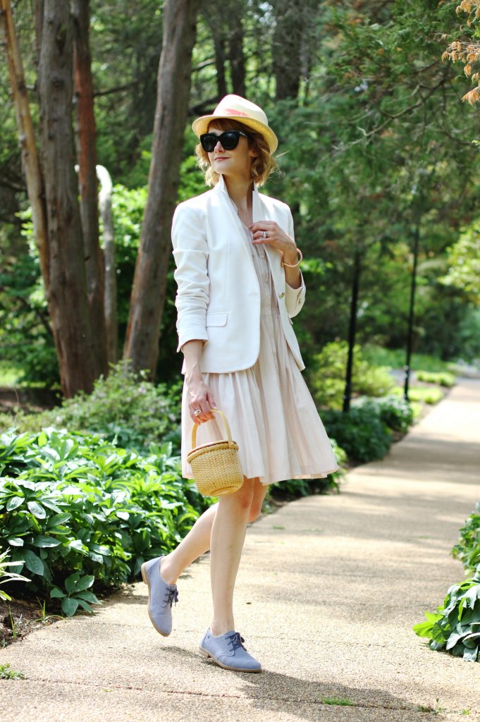 straw fedora, Zara blazer, Anthropologie shirt dress, and Hush Puppies oxfords