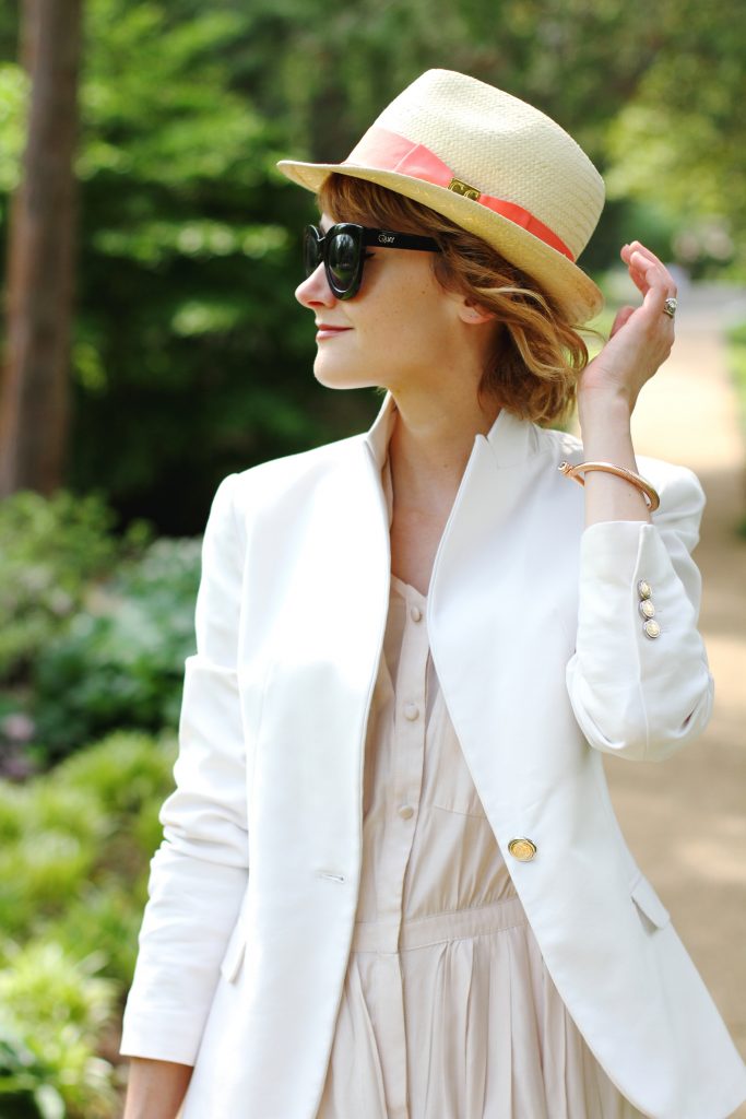 straw fedora, Zara blazer, and Anthropologie shirt dress