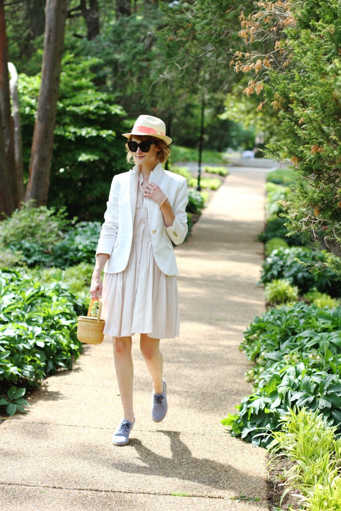 straw fedora, Zara blazer, Anthropologie shirt dress, and Hush Puppies oxfords