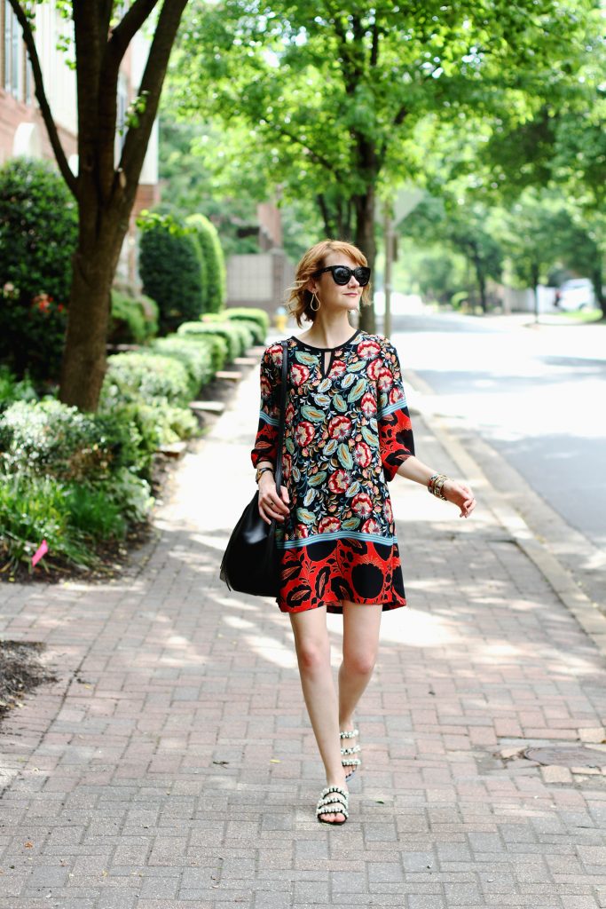 Mango print dress and Zara pearl-embellished slides