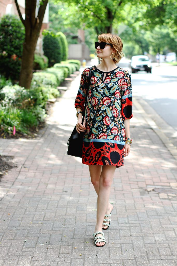 Mango print dress and Zara pearl-embellished slides