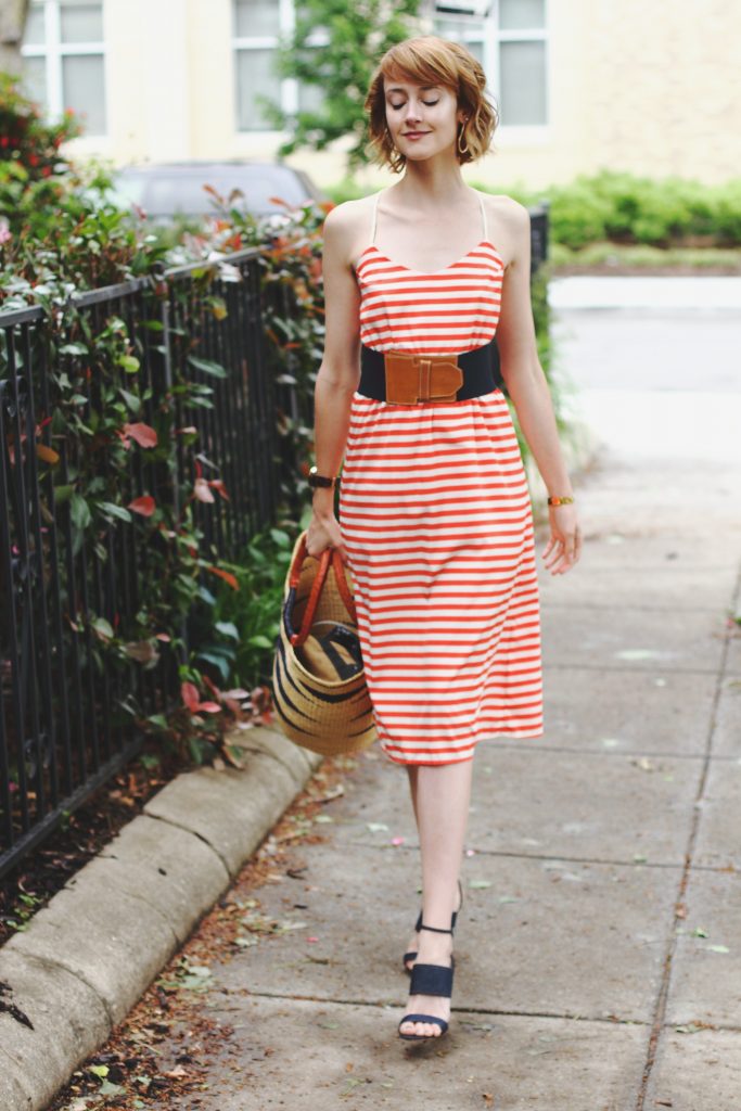 Current Boutique striped dress and Tabitha Simmons sandals