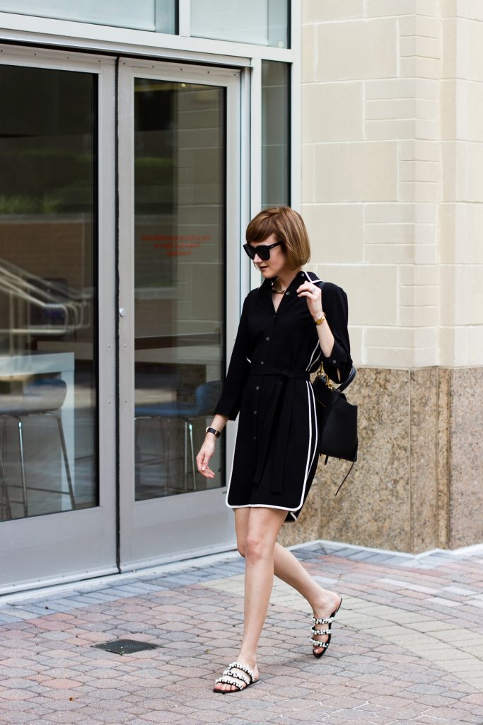 Ann Taylor shirt dress and Zara pearl slides