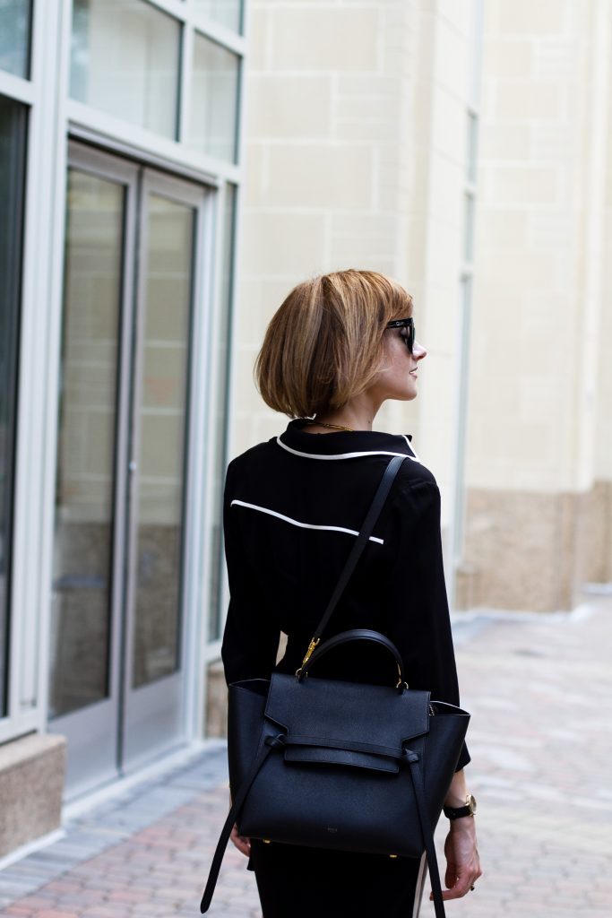 Ann Taylor shirt dress and Celine belt bag