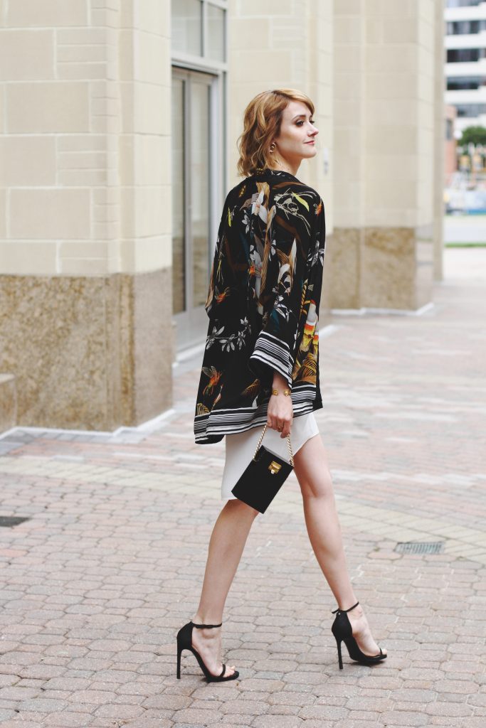 kimono jacket and white slip dress