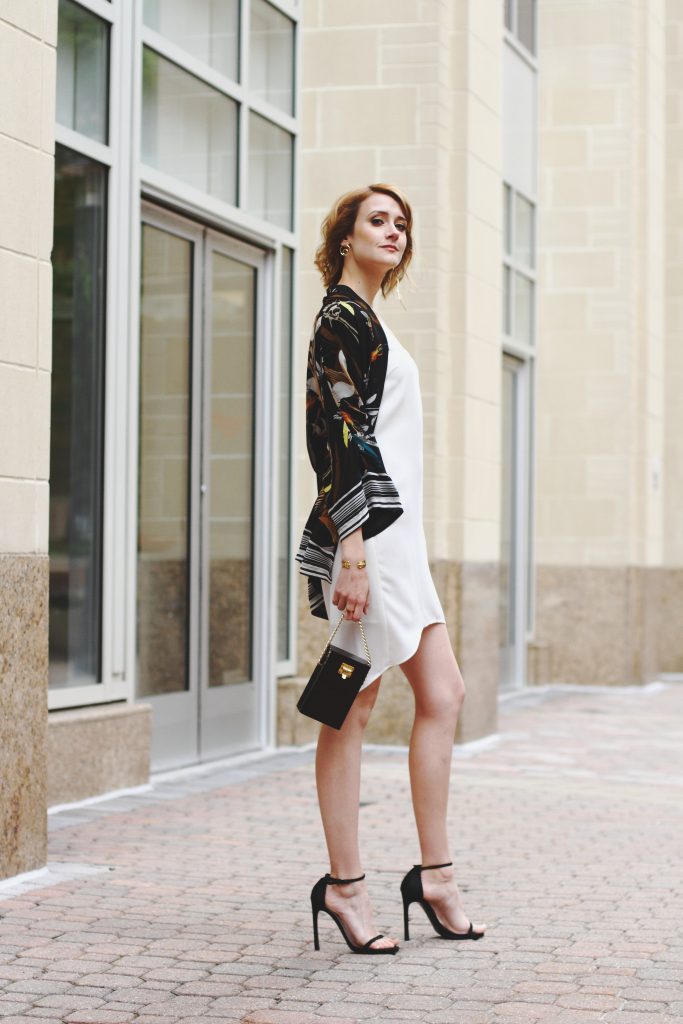 kimono jacket and white slip dress