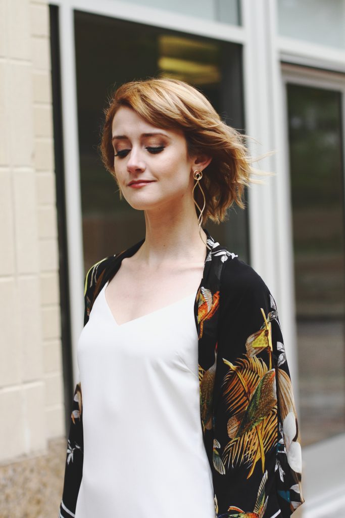 Mango asymmetrical, white slip dress, kimono jacket