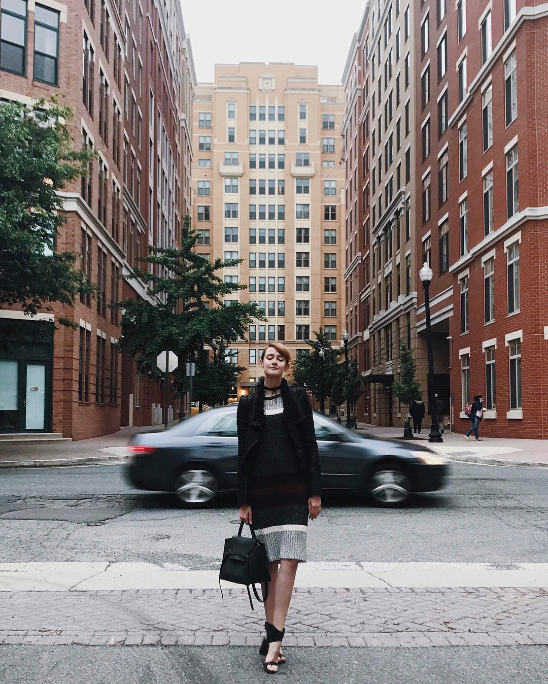 leather jacket, Mango knit dress, and Zara sandals