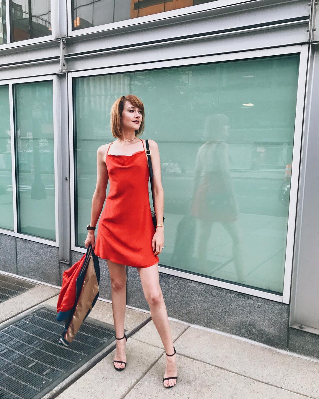 red slip dress and Stuart Weitzman heels