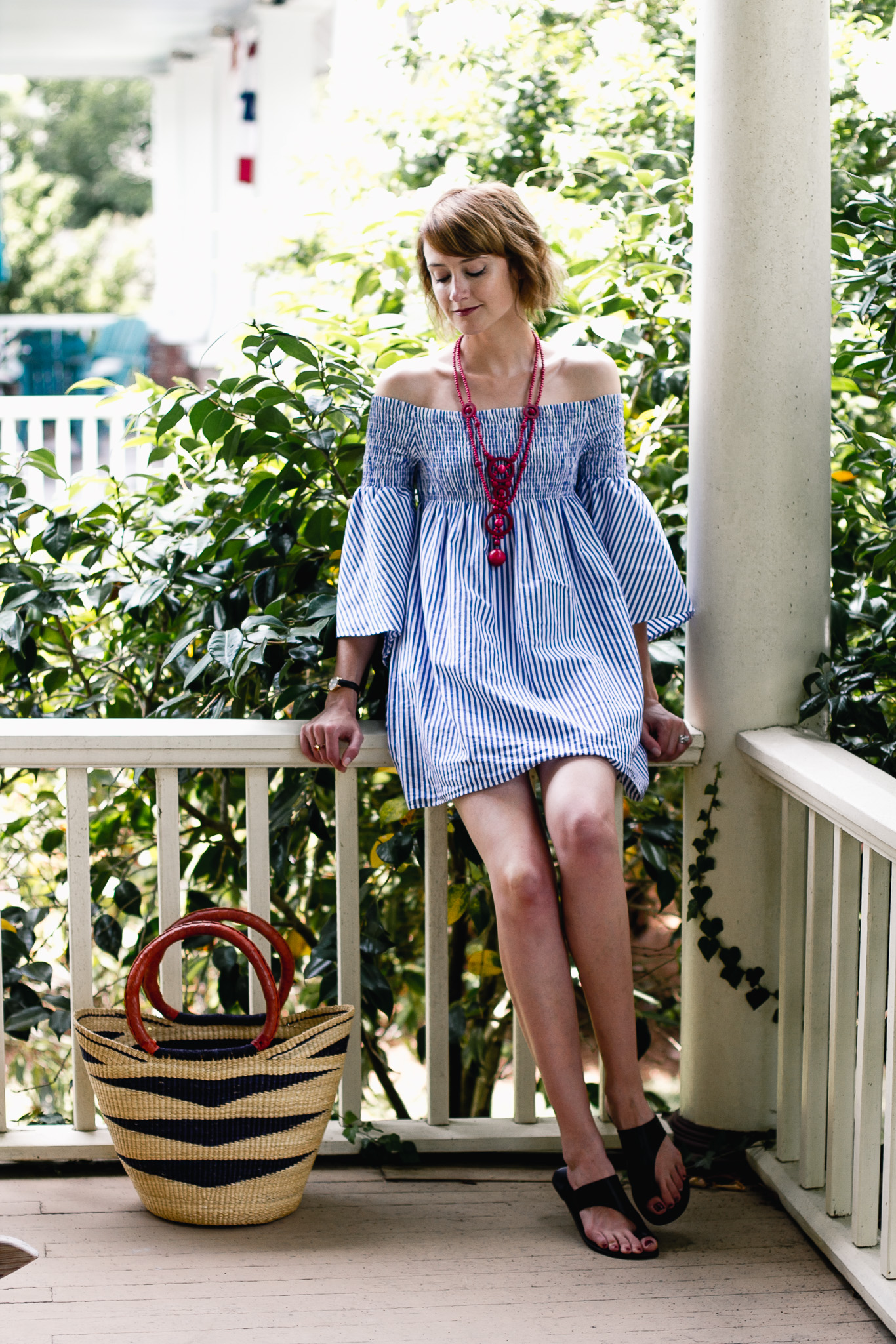 Zara pinstripe dress and ATP Atelier sandals