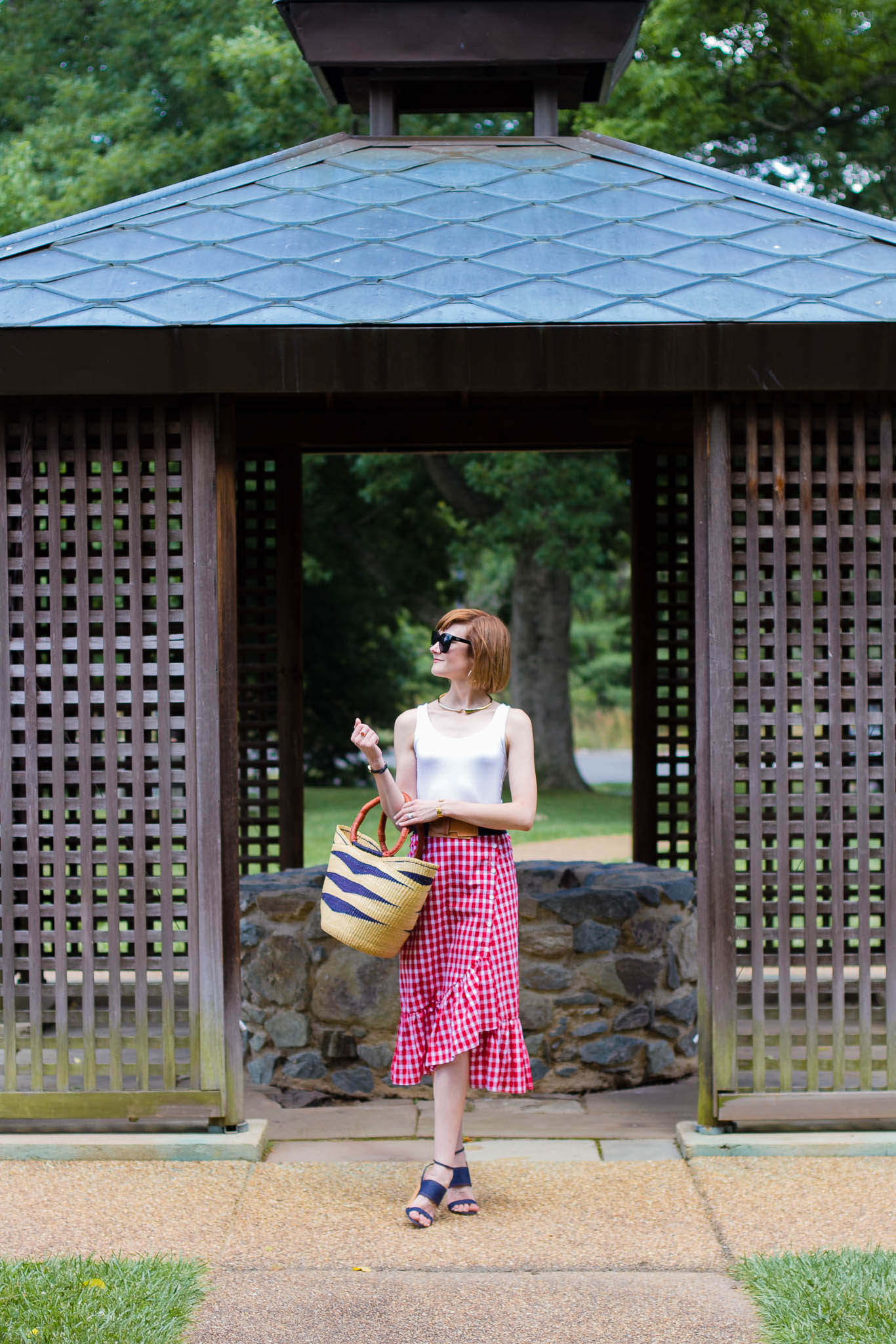 Zara gingham skirt, straw bag, and Tabitha Simmons sandals