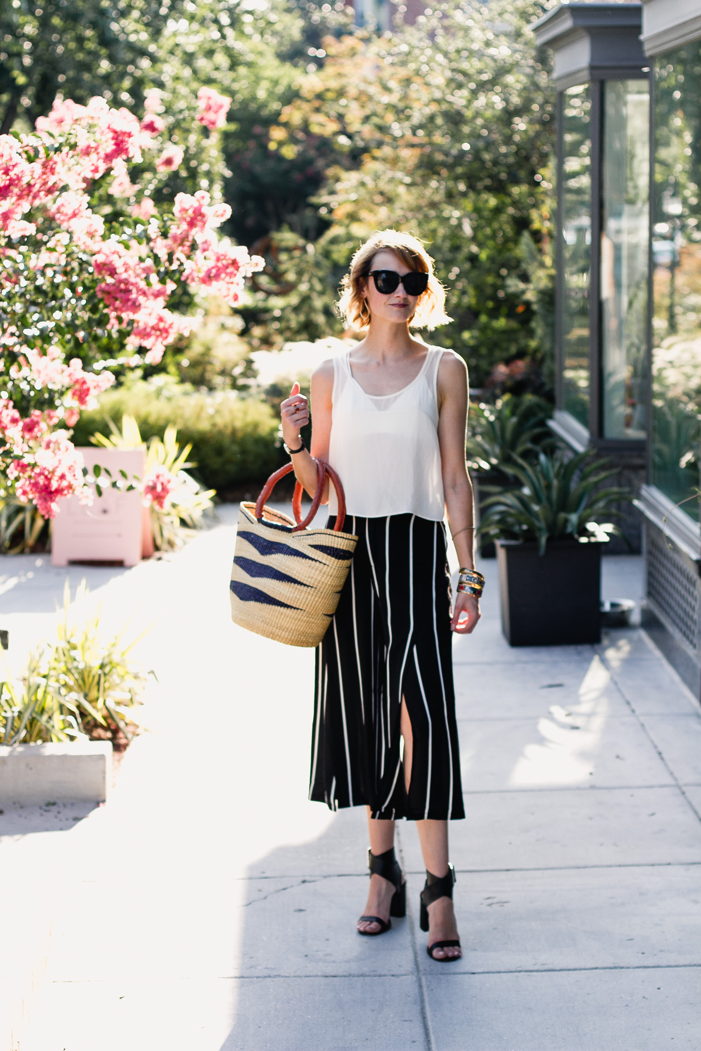 sheer crop top and Mango striped culottes