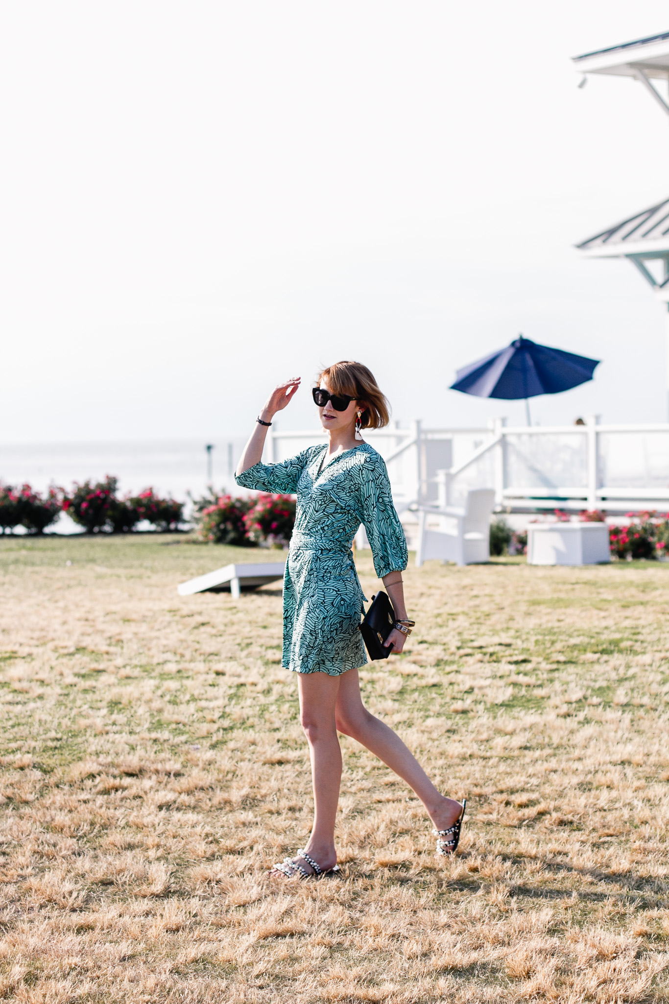 Mara Hoffman mini dress and Zara pearl slides