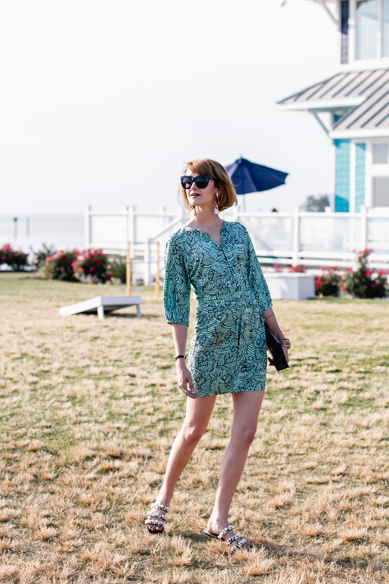 Mara Hoffman mini dress and Zara pearl slides