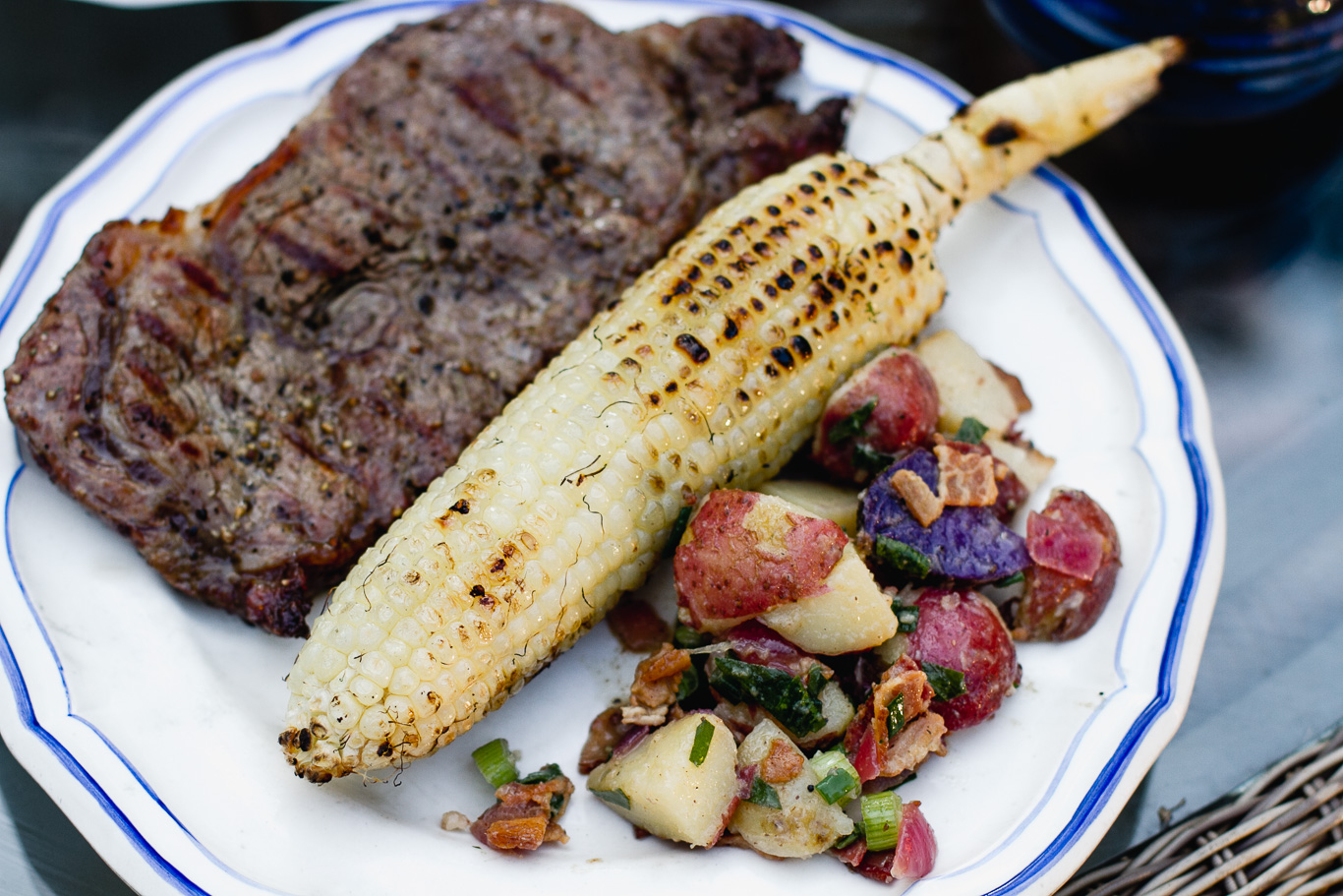 Grilled Steak with Chimichurri, Warm Potato Salad, and Cilantro Lime Corn on the Cob